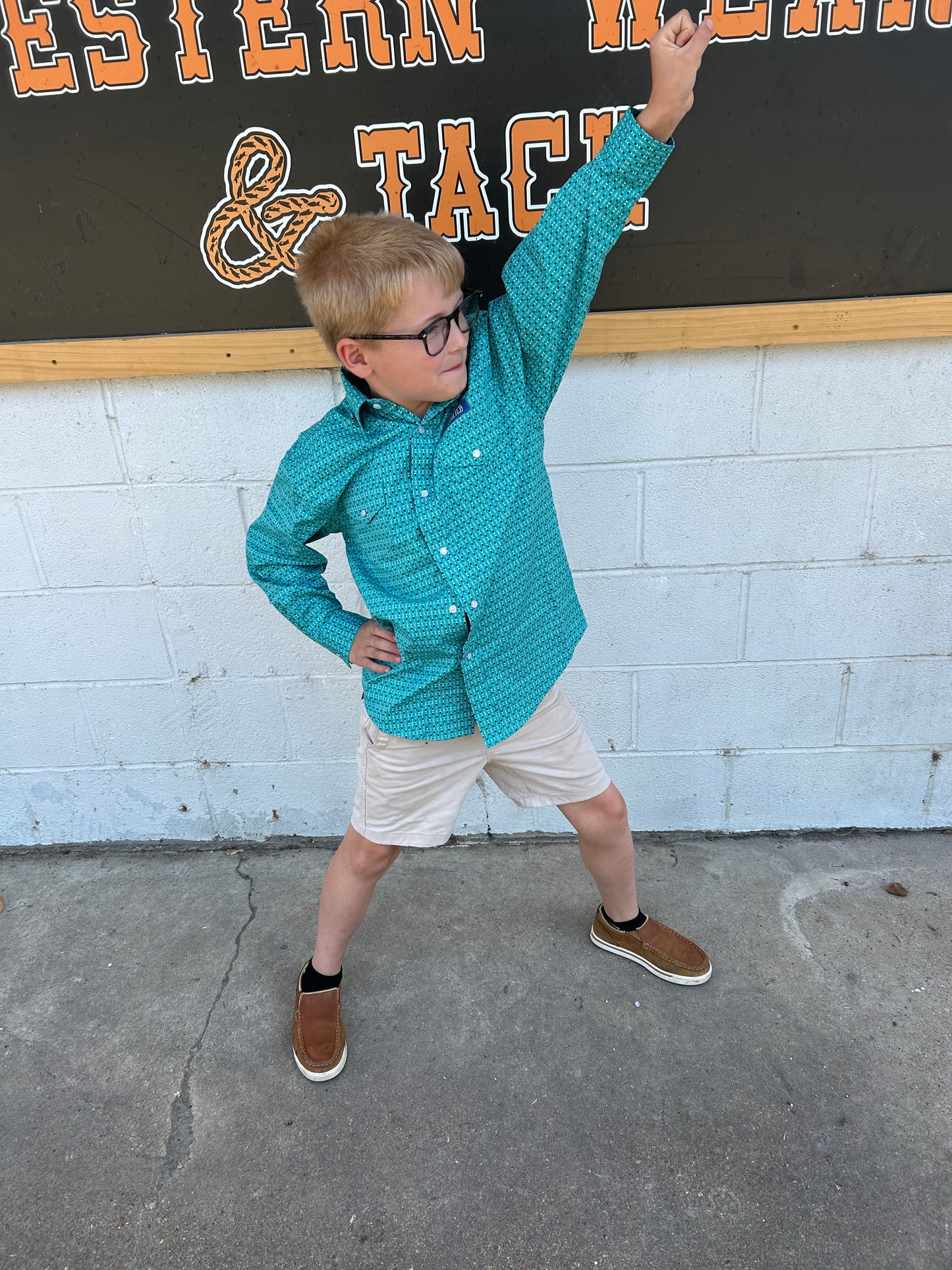 Boys Panhandle Slim Turquoise Long Sleeve Two Pocket Button Down