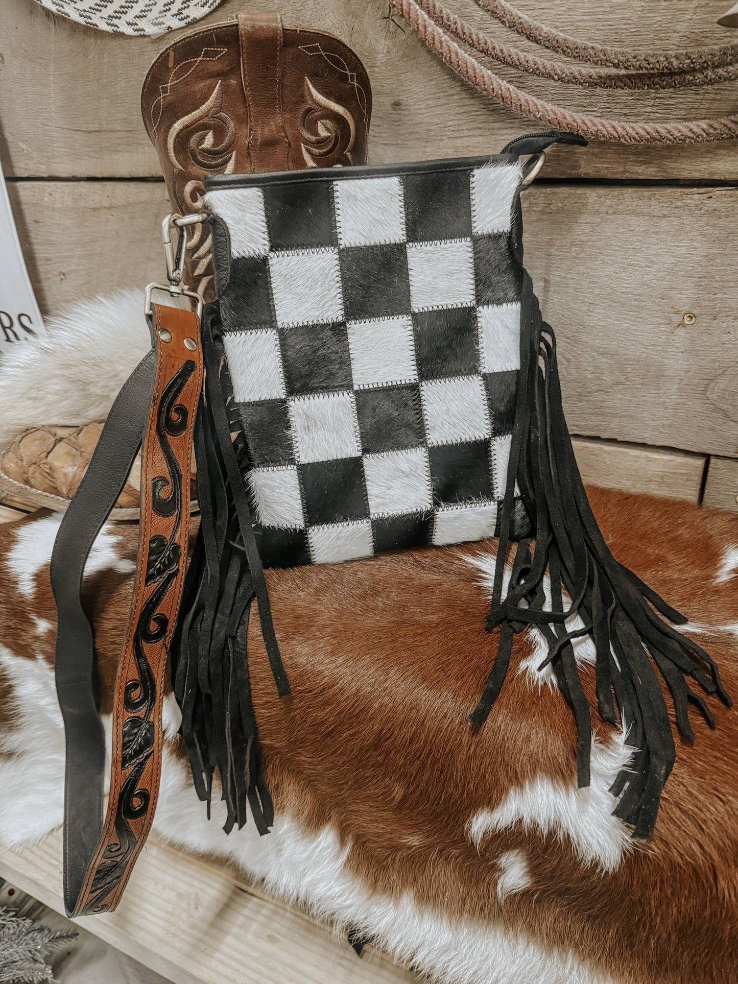 Checkered Cowhide Fringe Purse in Black & White,Brown & Whit