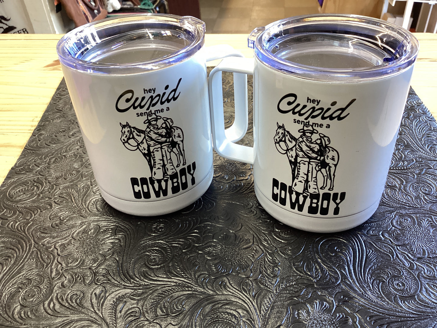 Hey Cupid Send Me A Cowboy Travel Mug