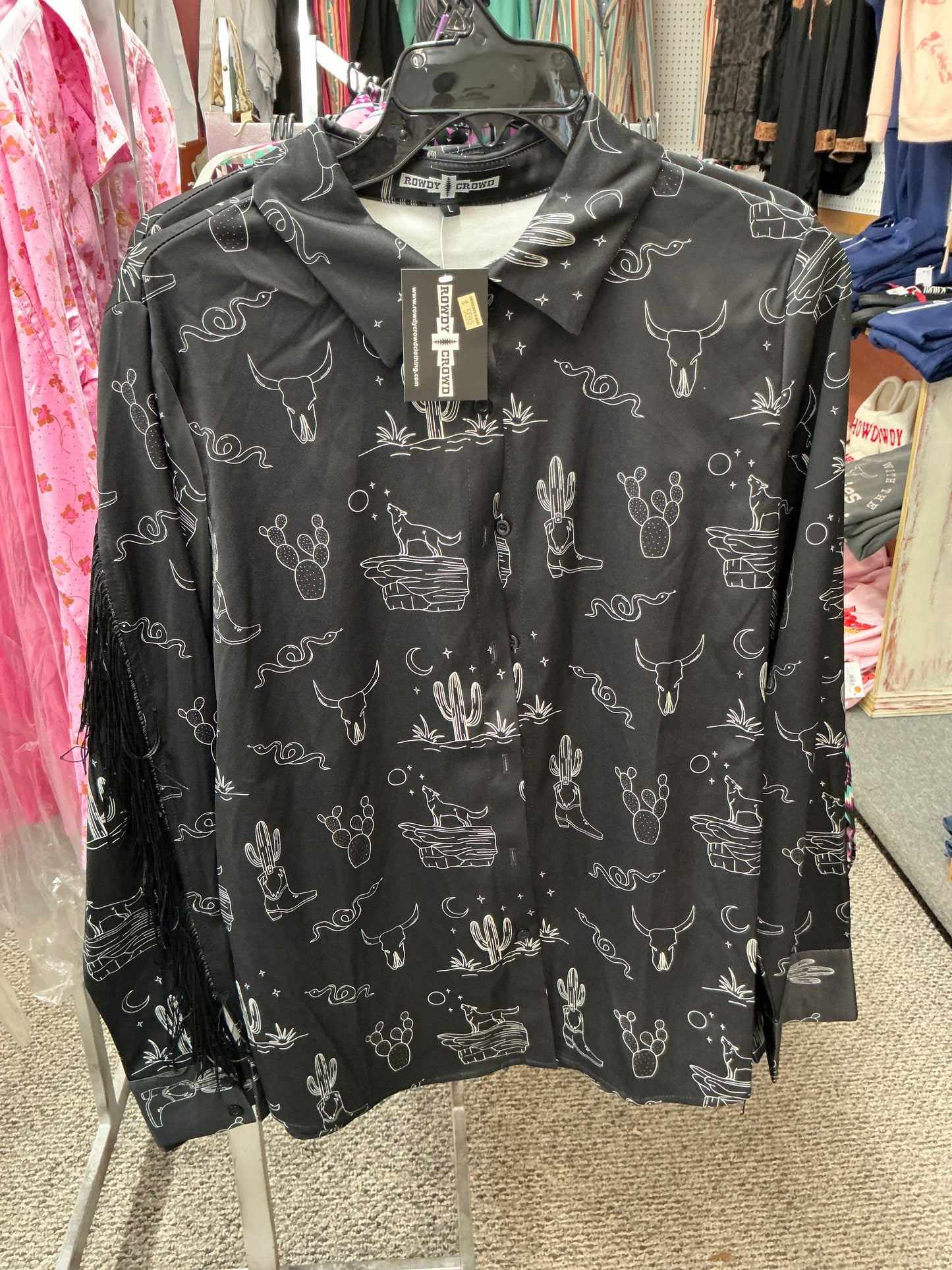 Rowdy Crowd Black Fringe Button Up