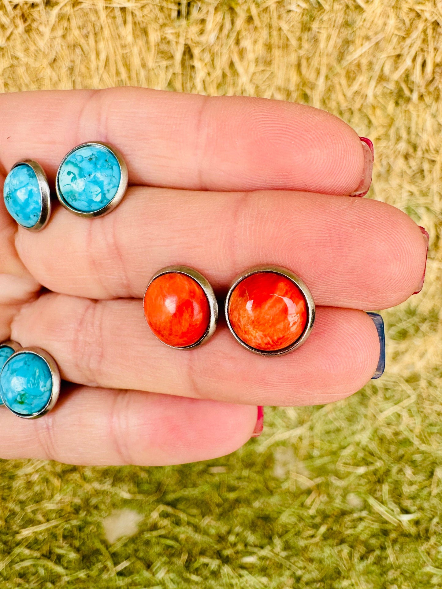 Genuine Blue and Spiny Oyster Turquoise Stud Earrings