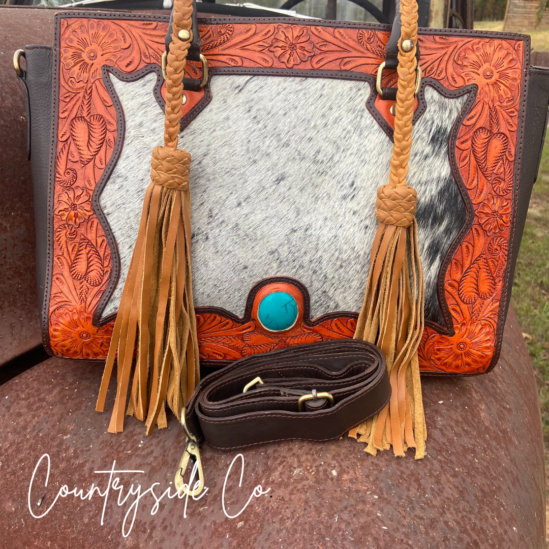Elegant Tooled Leather Cowhide Tote, Purse, Laptop Bag