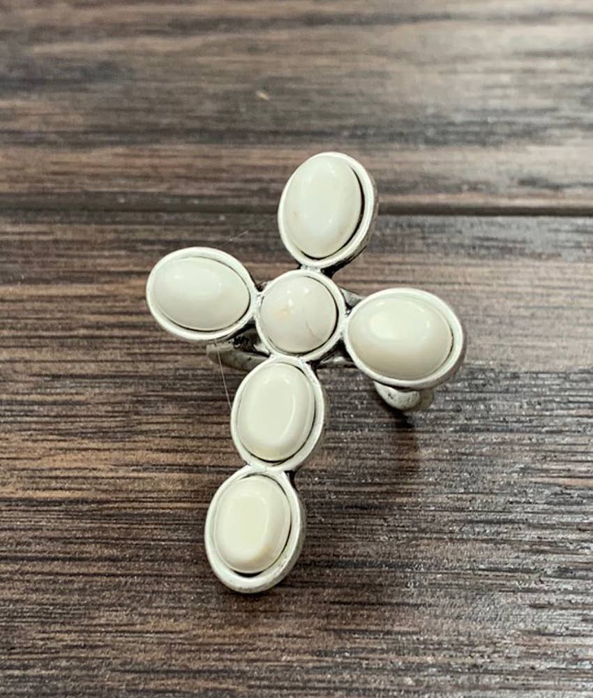 White Turquoise Cross Adjustable Ring