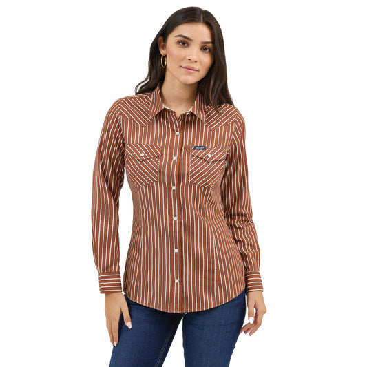 Wrangler Retro Women’s Dress Shirt- Rust Stripe
