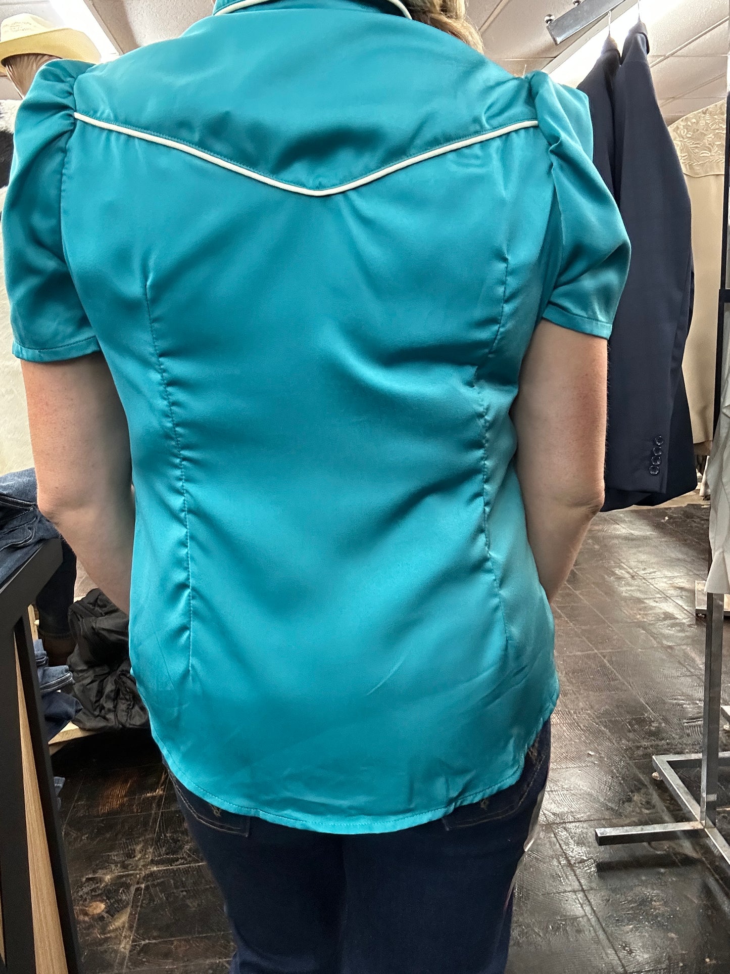 Retro Cowgirl Pearl Snap Puff Sleeve Top- Teal & White
