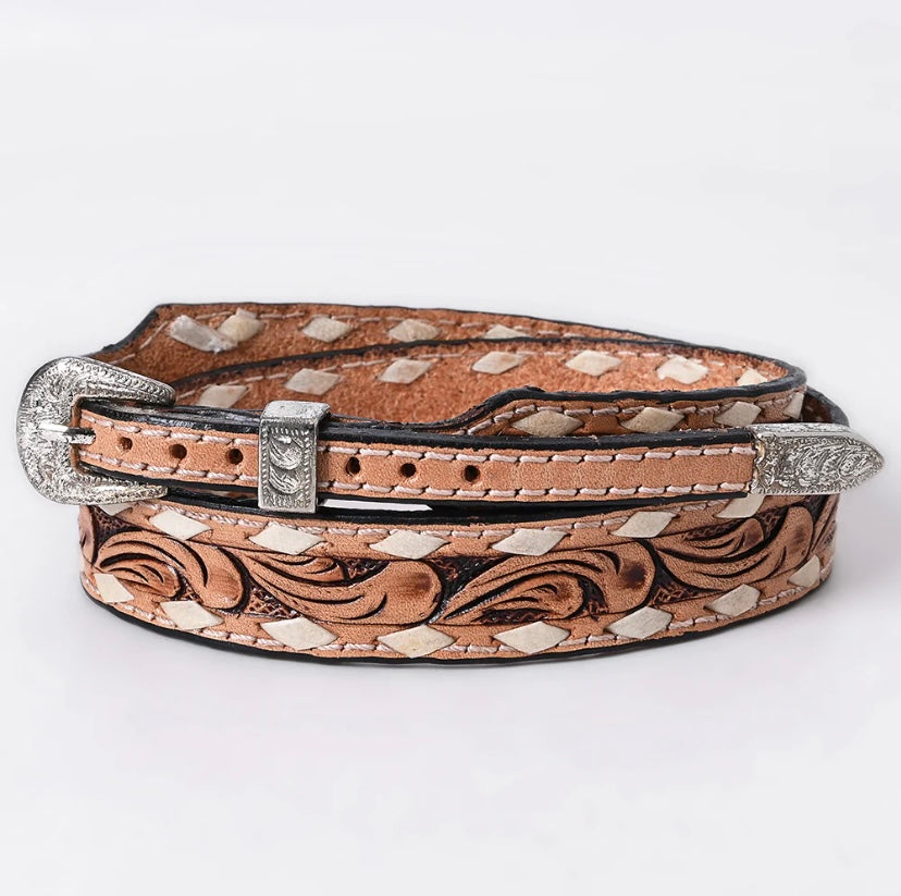Floral and Buckstitch Natural Hatband with Buckle