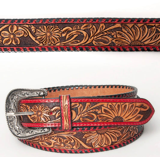 Flowers & Red Genuine Leather Belt
