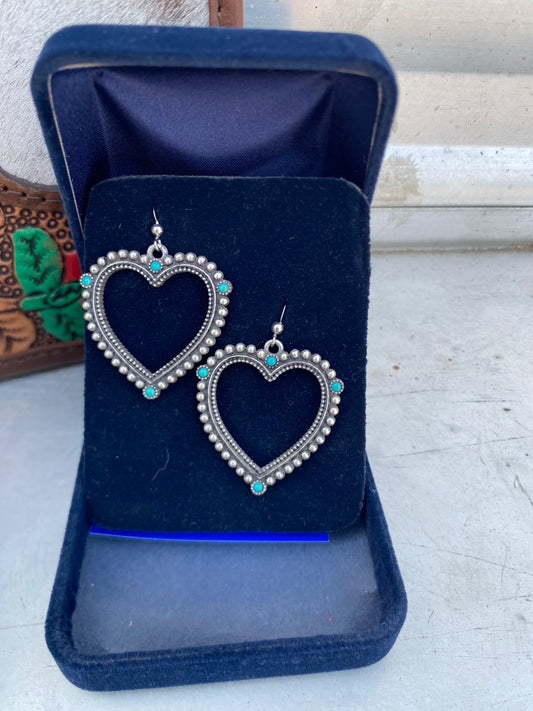 Antique Silver Heart with Turqouise Earrings by Montana Silversmith