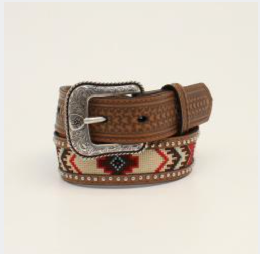 ARIAT BOYS BELT 1 1/4 EMBROIDERED INLAY ROUND CONCHOS TAN