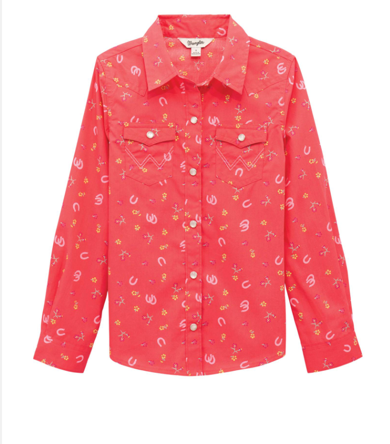Wrangler® Girl's Long-Sleeve Pearl Snap- Pink Horseshoes and Flowers