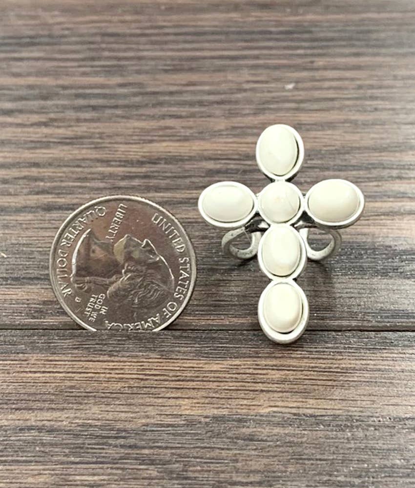 White Turquoise Cross Adjustable Ring
