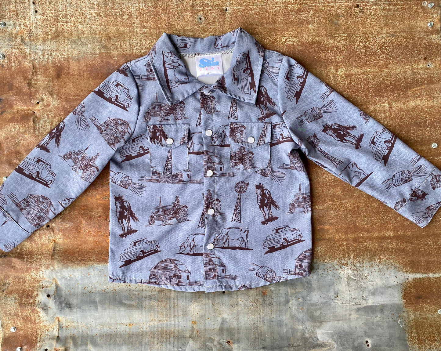 Boys Farmer Print Pearl Snap Shirt