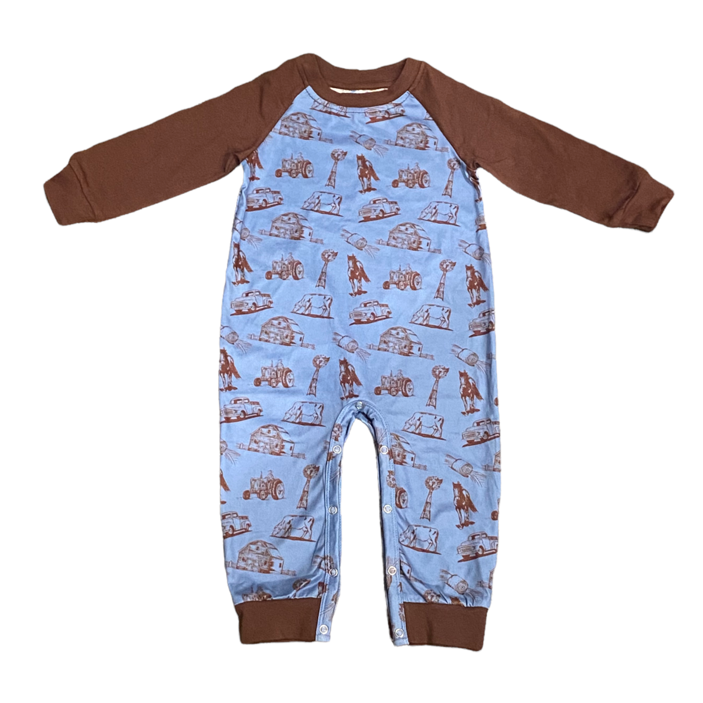 Long Sleeve Boys Romper- Farm Print