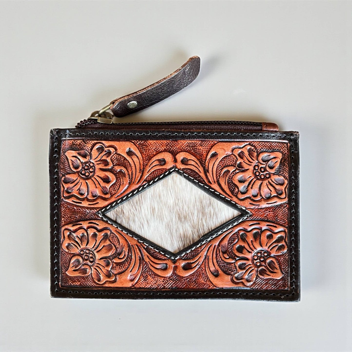 Dime tooled leather & cowhide coin pouch 