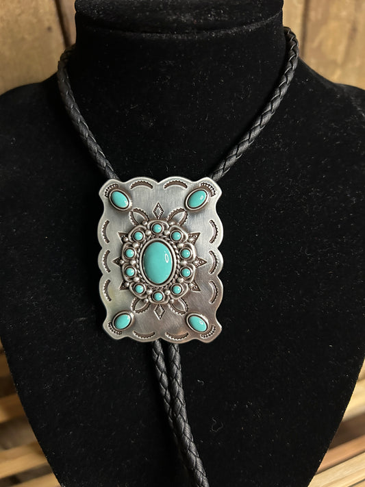 Silver & Turquoise Rectangle Concha Bolo Tie