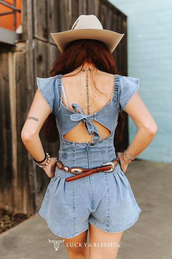 Light Wash Stretch Denim Ruffle Sleeve Romper