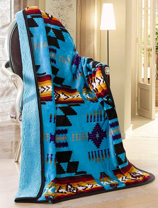 Southwestern Aztec Sherpa Borrego Fleece Throw Blanket