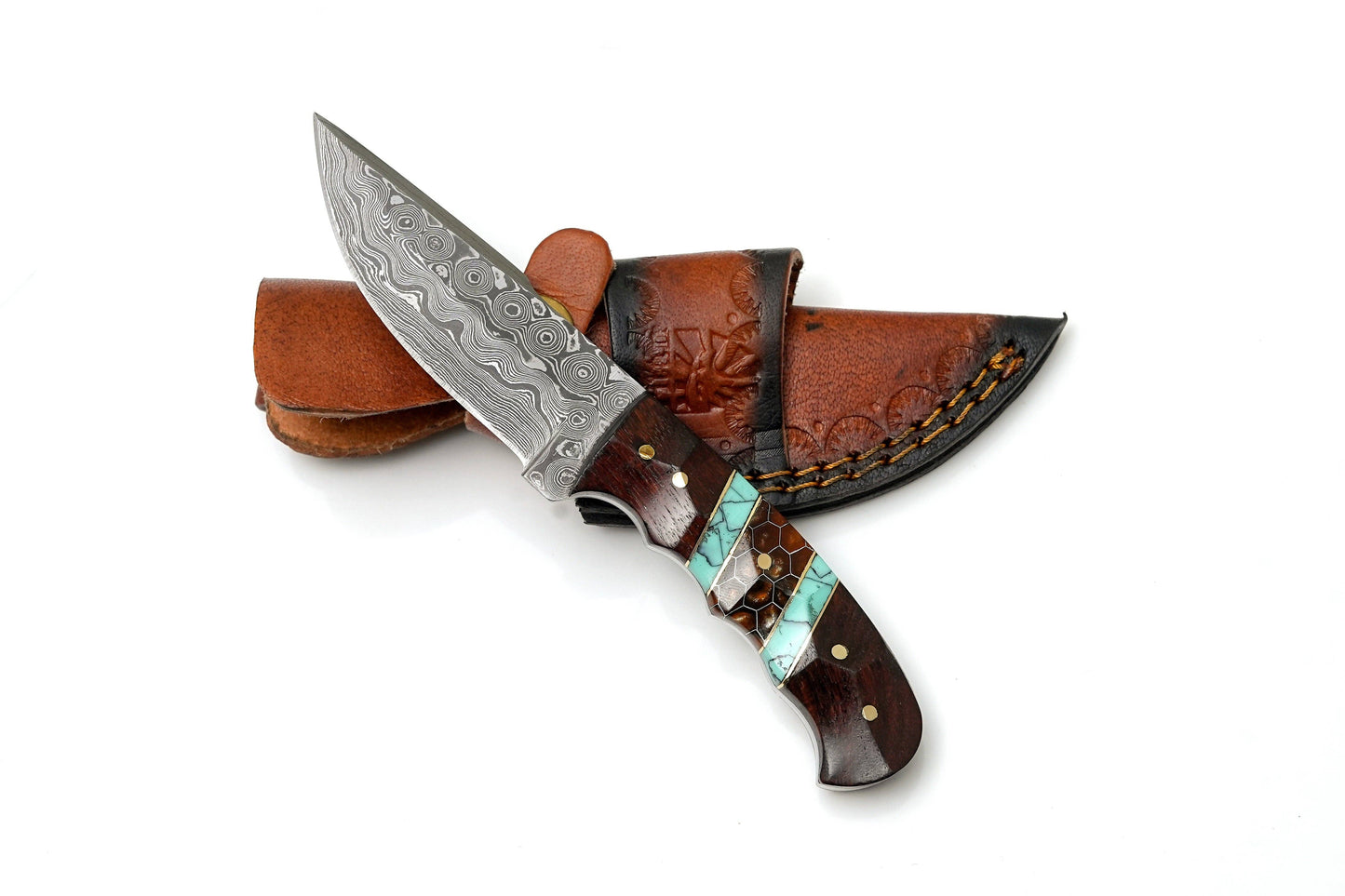 Hand-Forged Damascus Steel Skinner | Custom Amber Honeycomb & Turquoise Handle