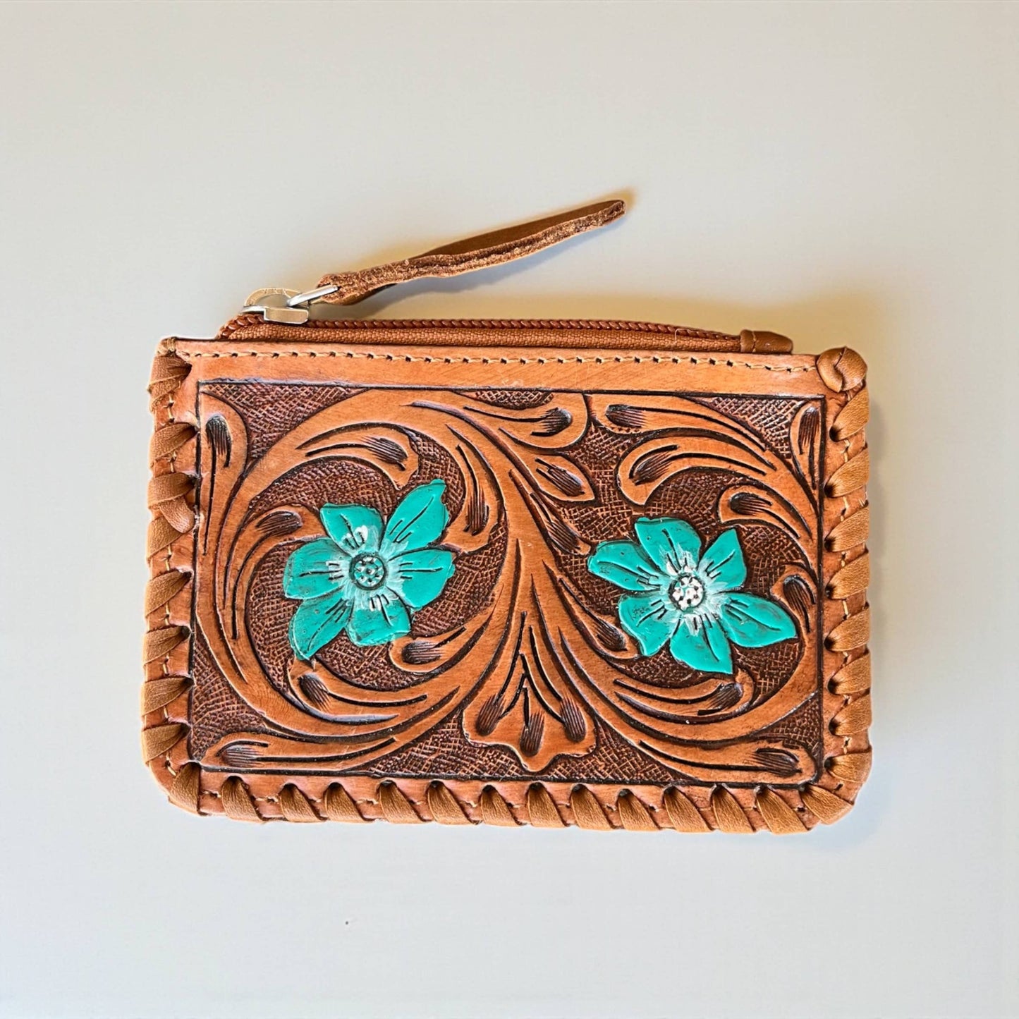 Turquoise blossom tooled & cowhide coin pouch 