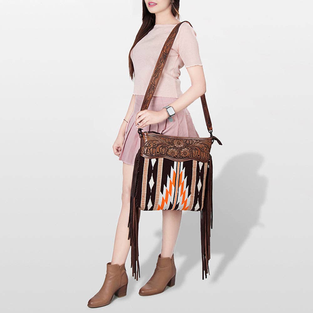 Western Hand-Tooled Leather Crossbody Bag with Fringe and Aztec Wool Pattern