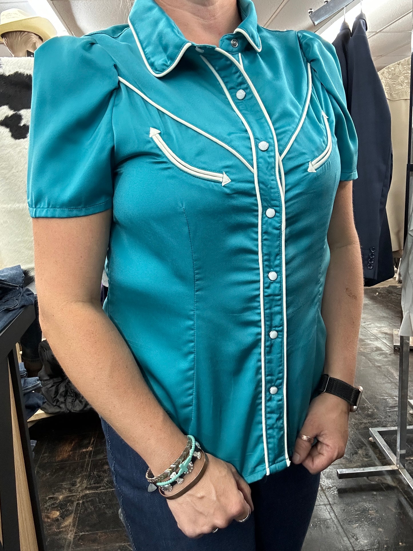 Retro Cowgirl Pearl Snap Puff Sleeve Top- Teal & White