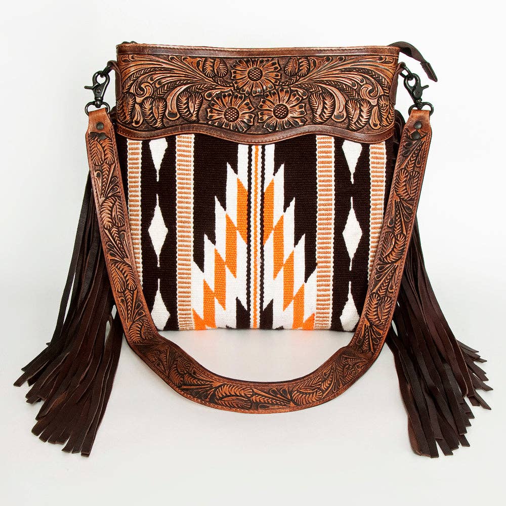 Western Hand-Tooled Leather Crossbody Bag with Fringe and Aztec Wool Pattern
