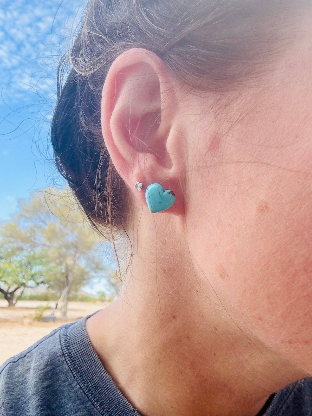 Genuine Turquoise Heart Stud Earrings