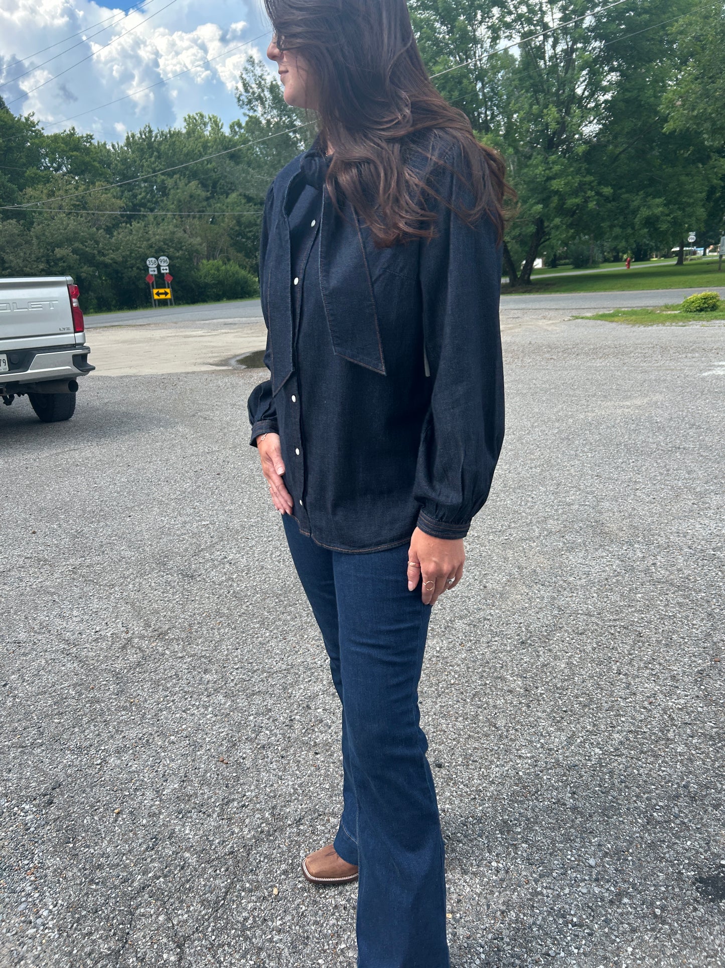 Wrangler® Denim & Pearl Snap Bow Top
