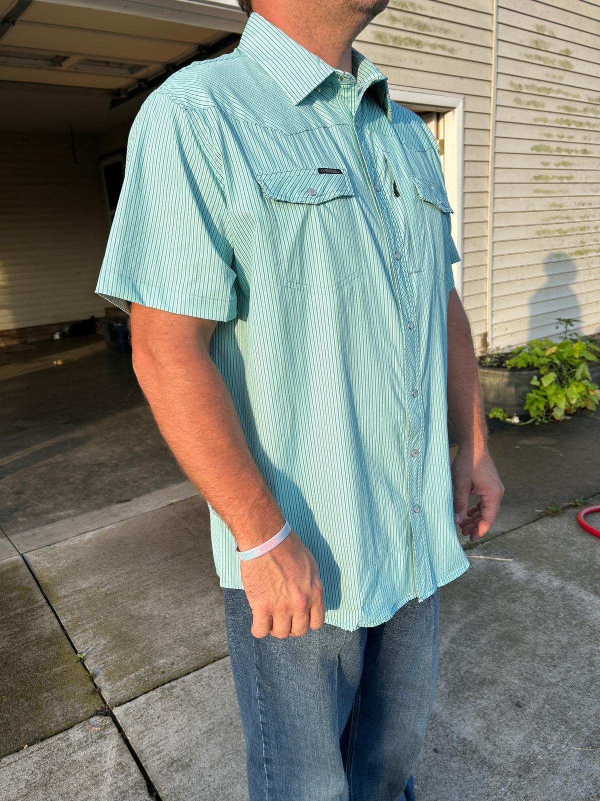 Rock & Roll Denim® Tek Core Print Pearl Snap- Light Turquoise Stripe