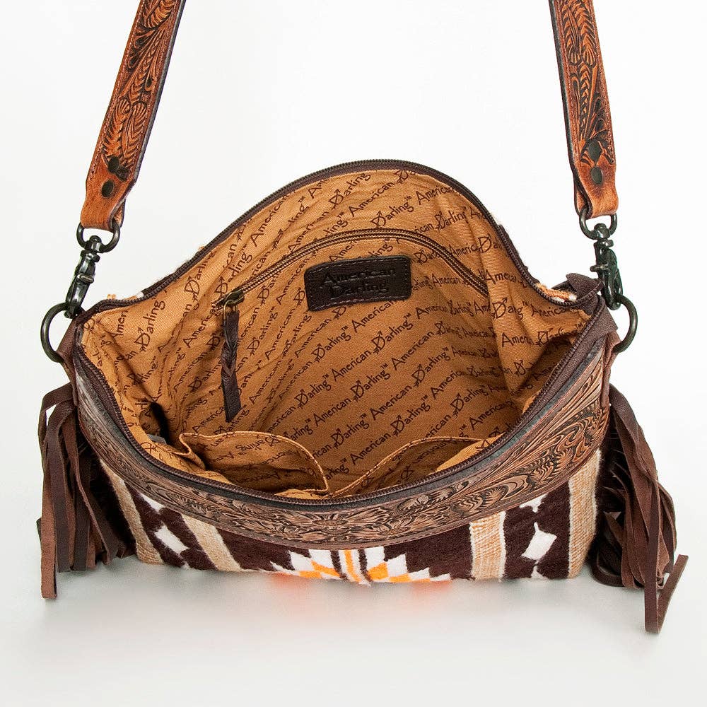 Western Hand-Tooled Leather Crossbody Bag with Fringe and Aztec Wool Pattern