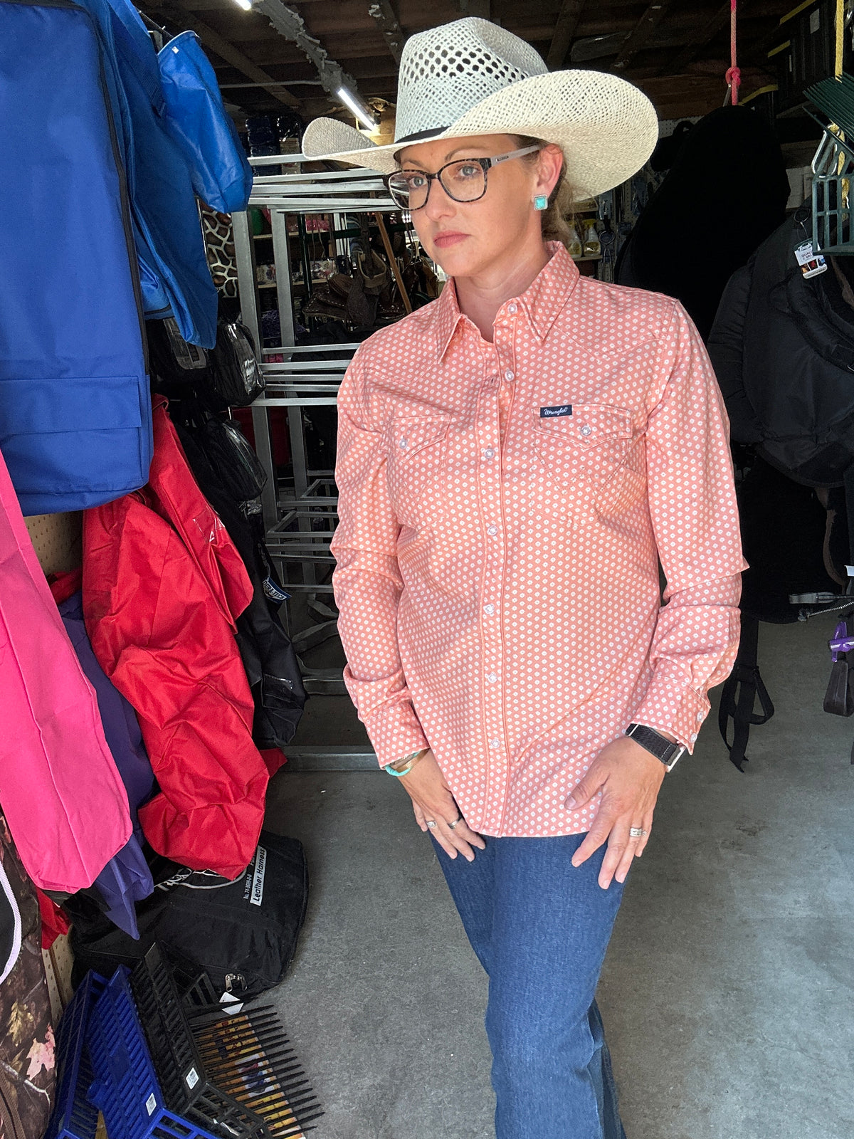 Wrangler® Women's Aria Performance Button Down- Peach Flower