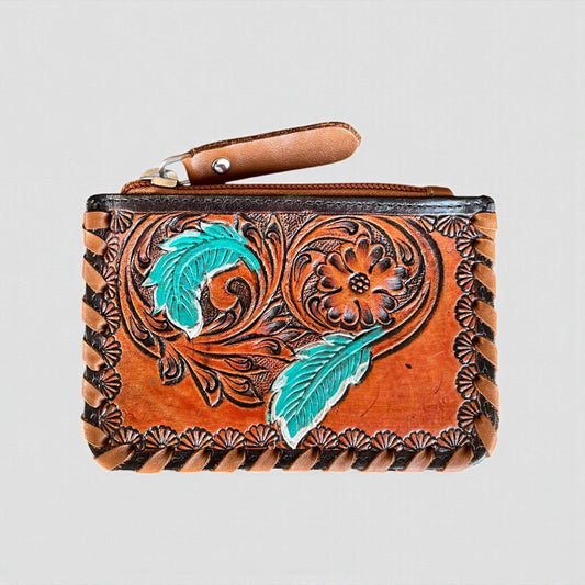 Feathers tooled & cowhide coin pouch 