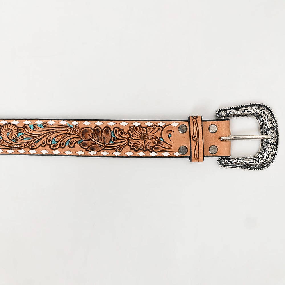 Floral Tooled Leather Belt with Turquoise Accents and Whipstitch Edge