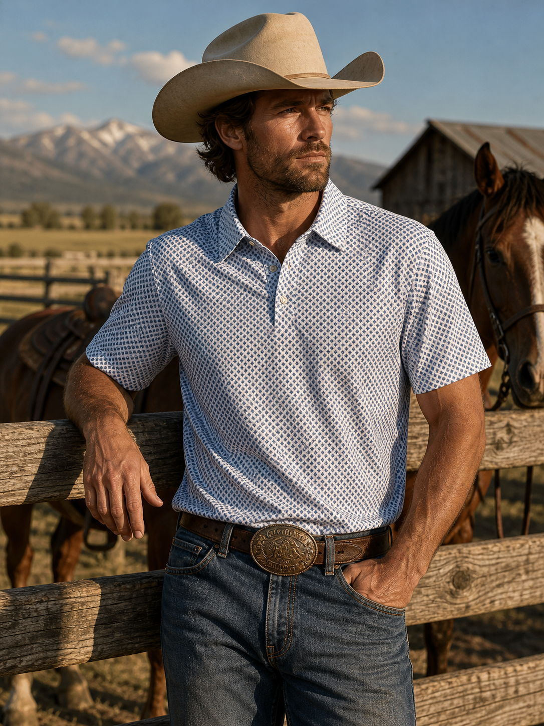 Men's Blue Geo Snap Polo by Panhandle Slim