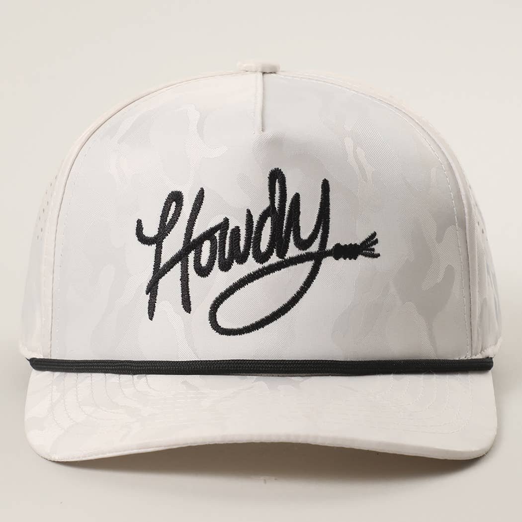 Howdy Embroidered White Camo Rope Strap Trucker Hat