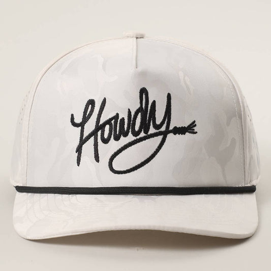 Howdy Embroidered White Camo Rope Strap Trucker Hat