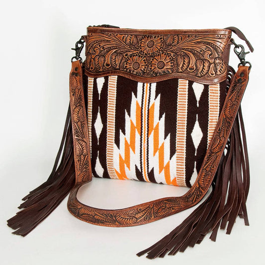 Western Hand-Tooled Leather Crossbody Bag with Fringe and Aztec Wool Pattern