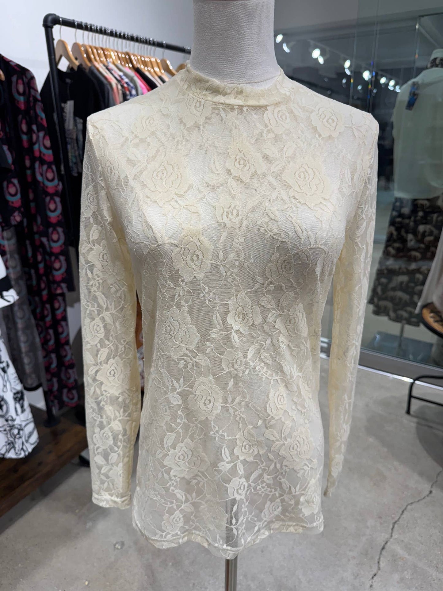 Lace Floral Mesh Top-Cream