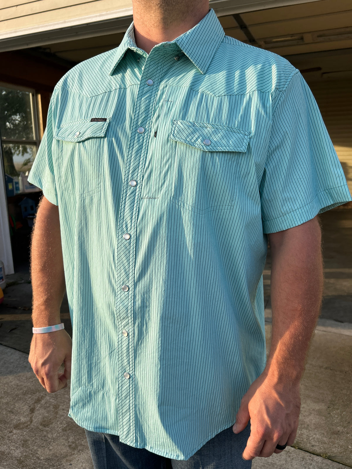 Rock & Roll Denim® Tek Core Print Pearl Snap- Light Turquoise Stripe