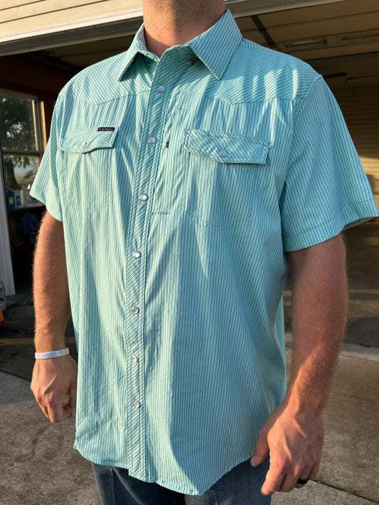 Rock & Roll Denim® Tek Core Print Pearl Snap- Light Turquoise Stripe