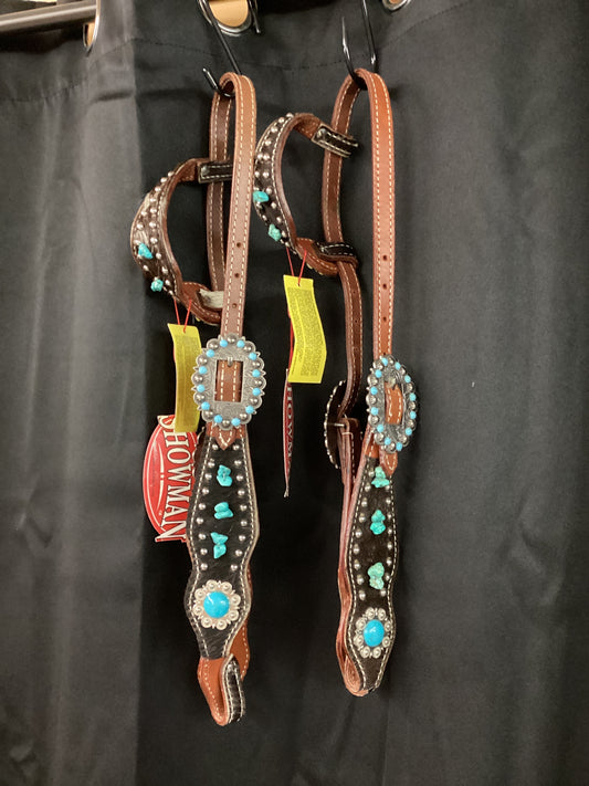 Showman single ear hide with turquoise Headstall