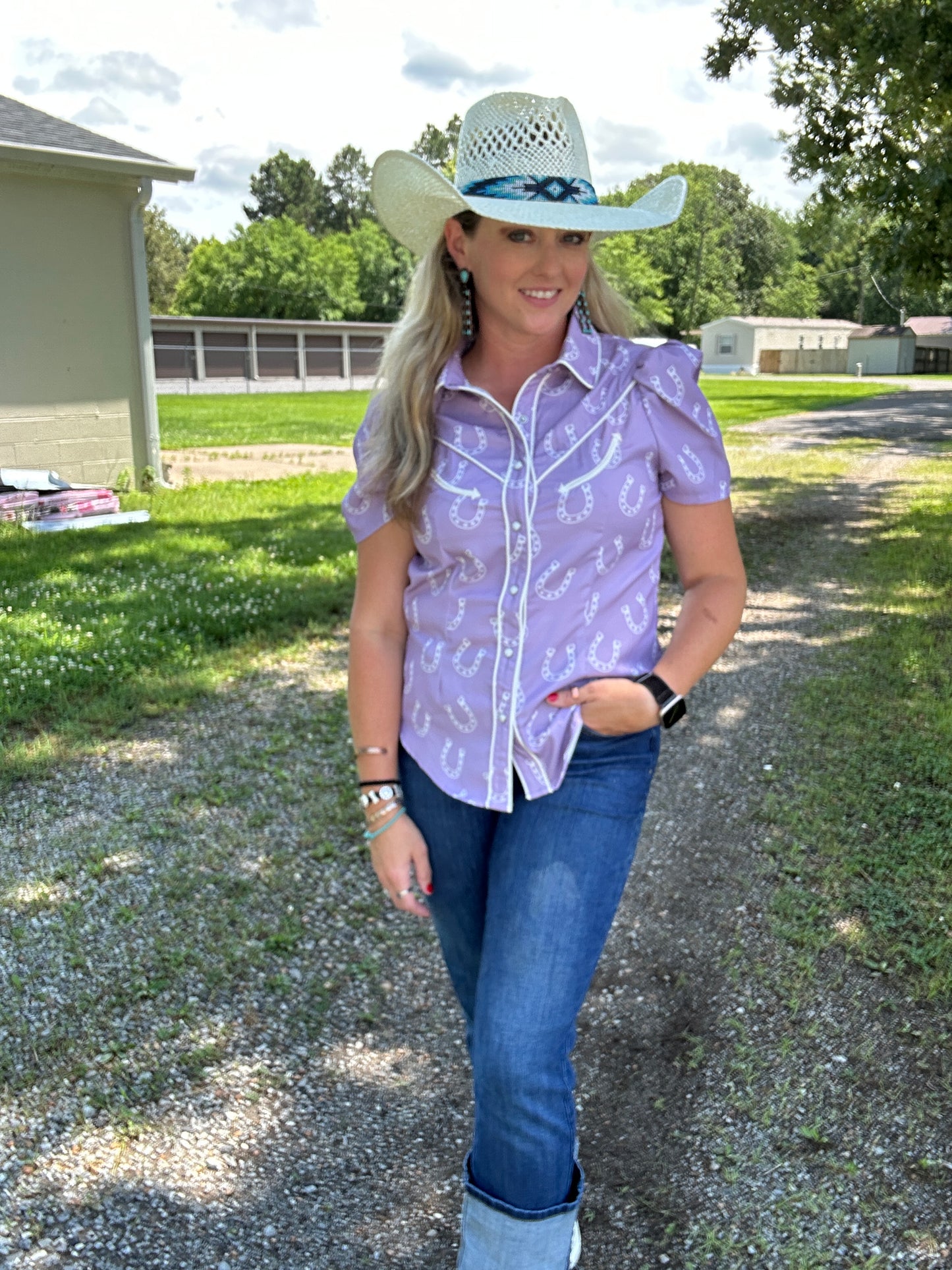 Retro Cowgirl Pearl Snap Puff Sleeve Top- Lavender & Cream Horseshoe
