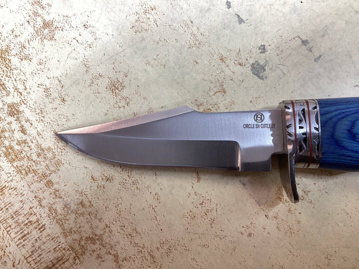 8 1/8” Stainless Blade with Blue Wood Handle and Leather Sheath