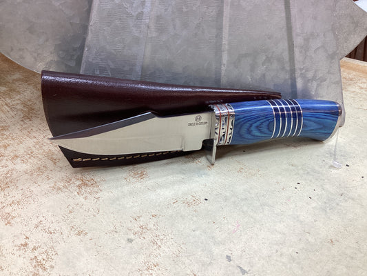 8 1/8” Stainless Blade with Blue Wood Handle and Leather Sheath