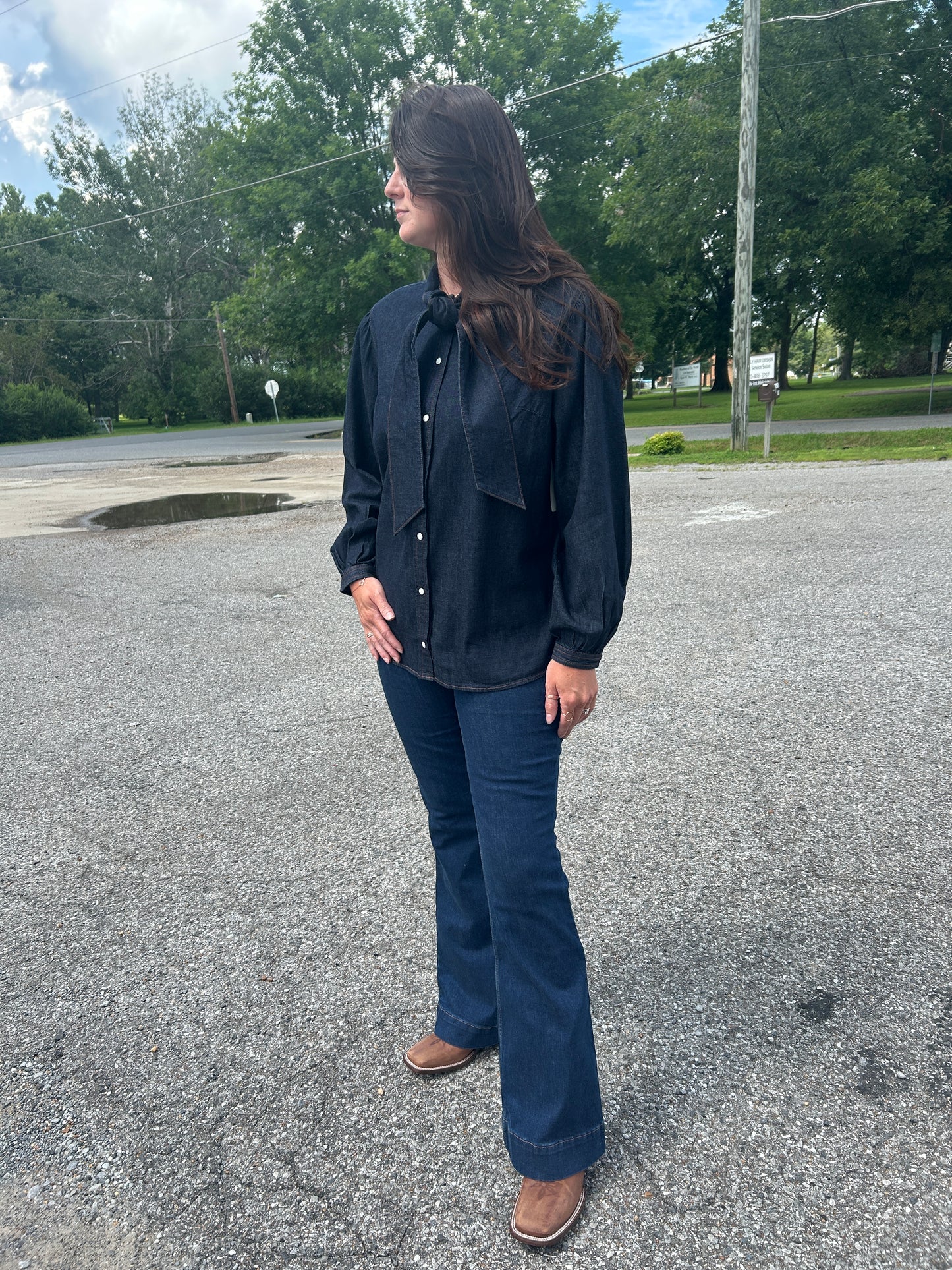 Wrangler® Denim & Pearl Snap Bow Top