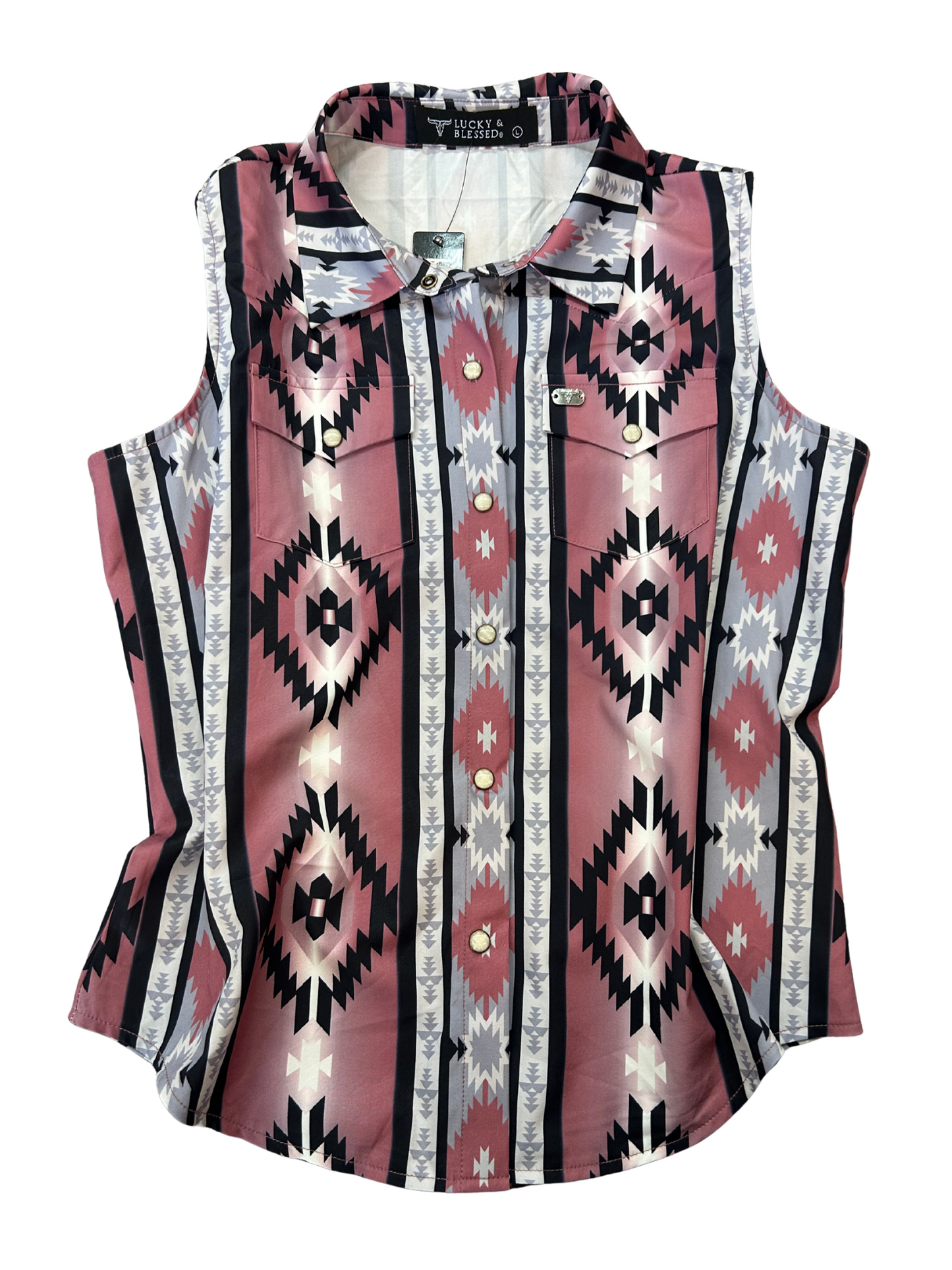 Pink Black Aztec Retro 90s Sleeveless Pearl Snap Top