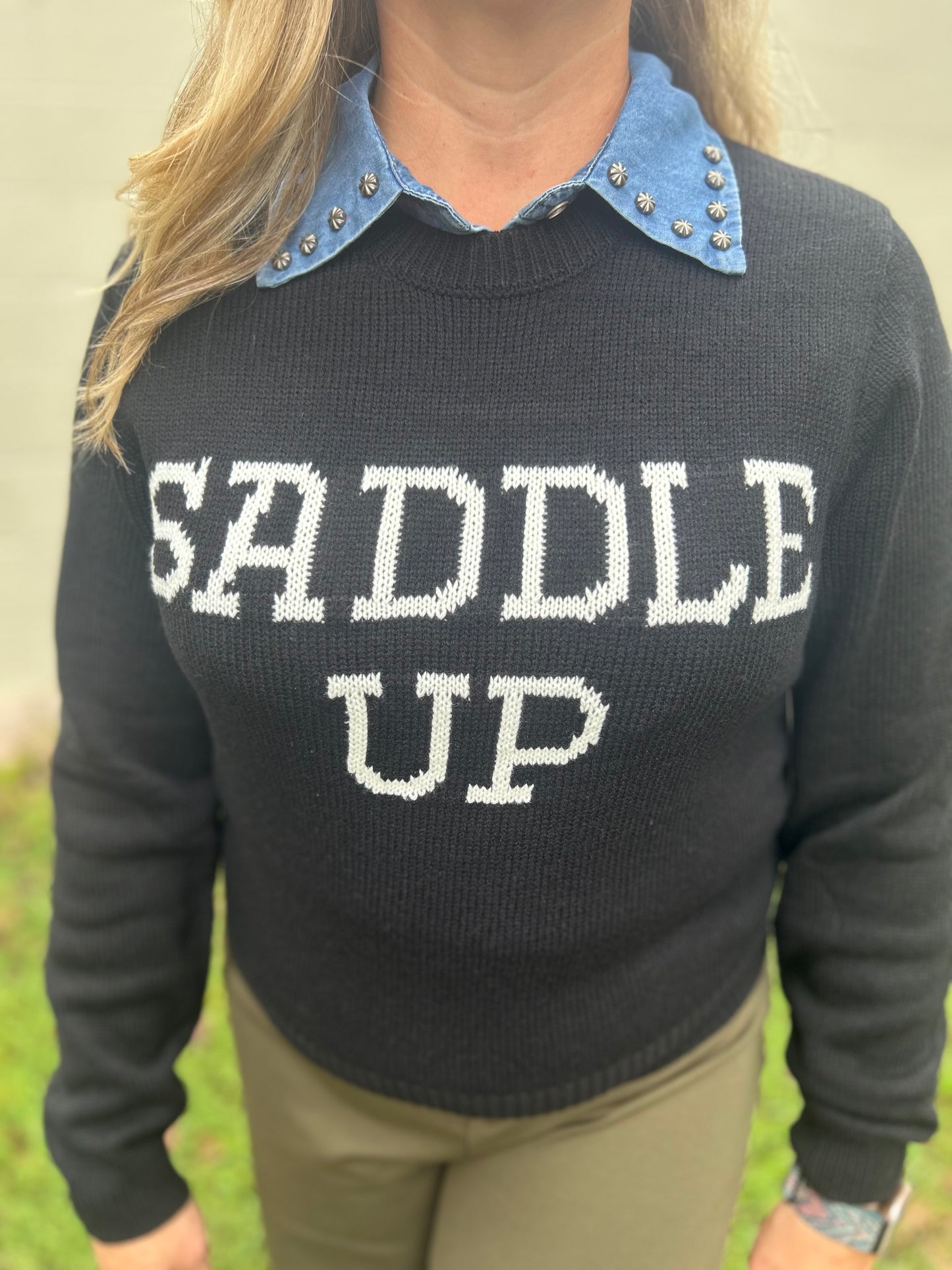"Saddle Up" Wrangler Retro Punchy Crew Sweater-Black