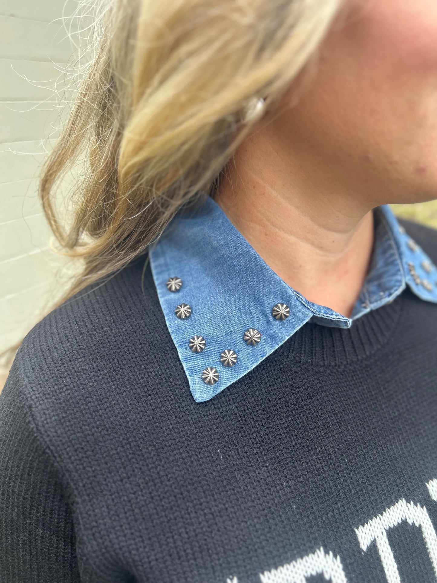 Denim Studded Faux Collar