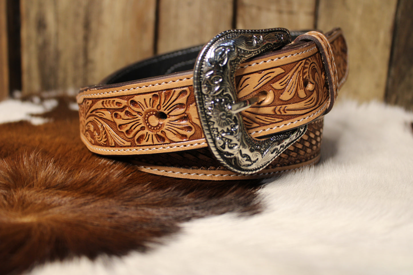 Floral and Basketweave Tooled Leather Belt