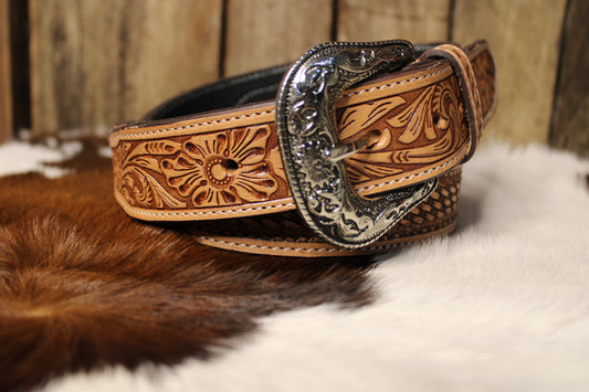 Floral and Basketweave Tooled Leather Belt